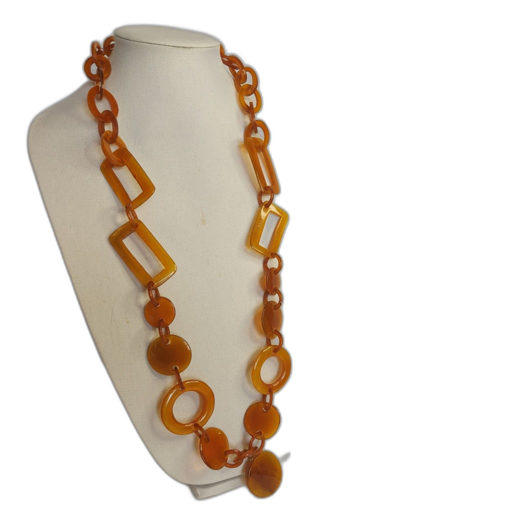 Large Tortoise Acrylic Link Statement Necklace Brown Translucent 20" retro disco
